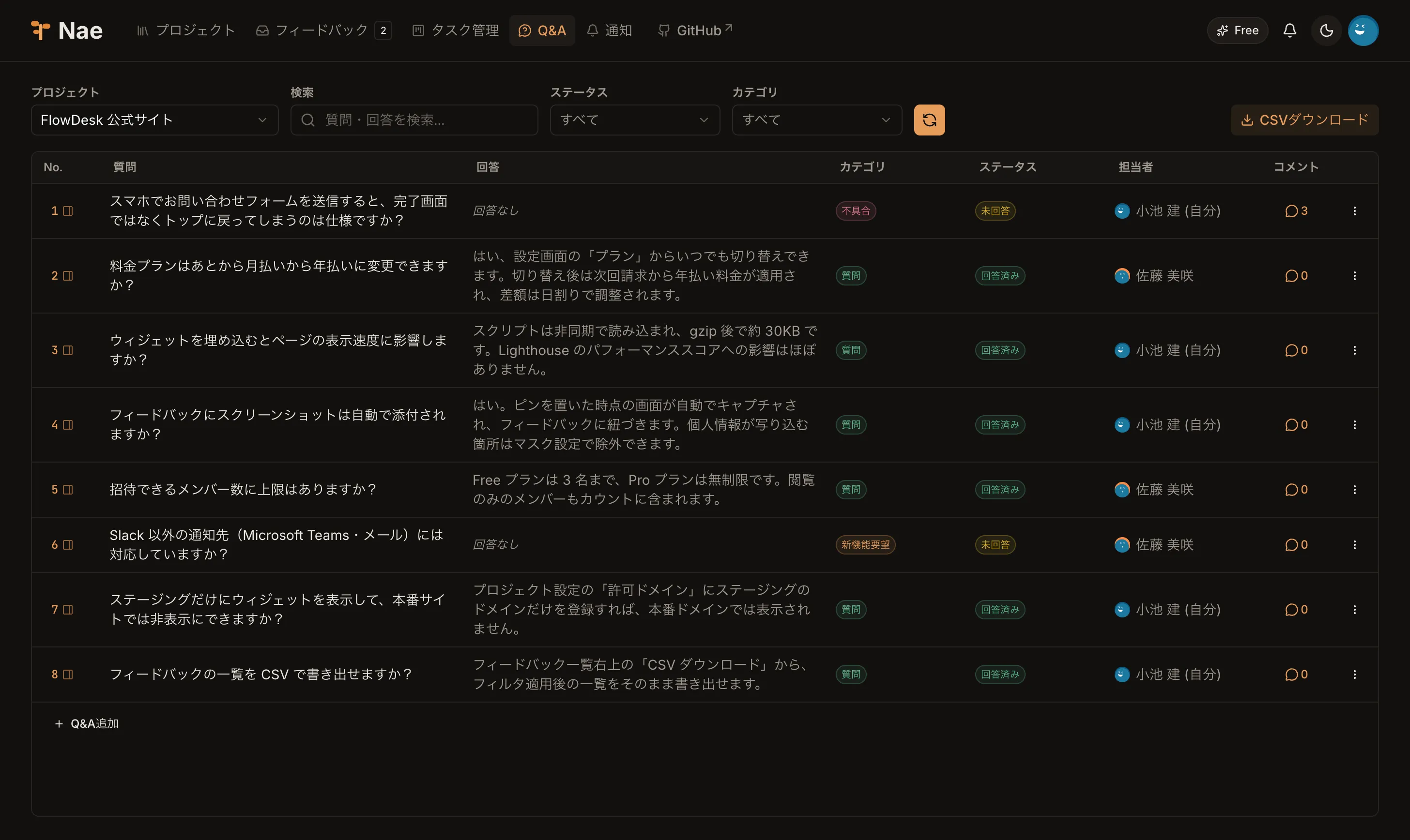 Q&A管理画面